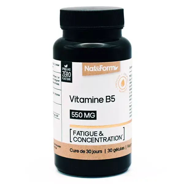 Vitamina B5 da Nat & Form para fadiga e concentração, 30 cápsulas.