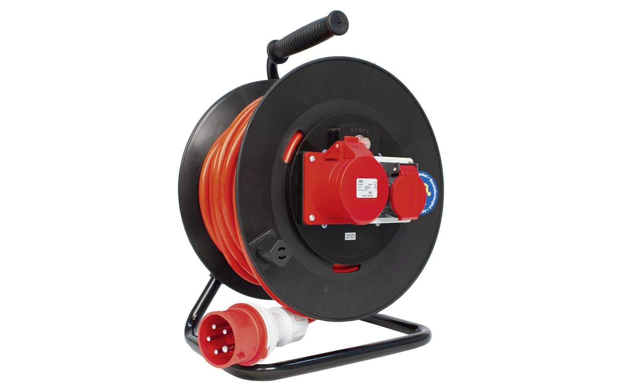 Kabelrolle GR1 33 m CEE16/5 + T25, Schwarz<br>Kunststoff Kabelrolle Gr1 mit 1x CEE16/5 + 1x T25 Steckdosen mit Deckel, Stecker CEE16/5 und 33 m langem Bauflex Kabel