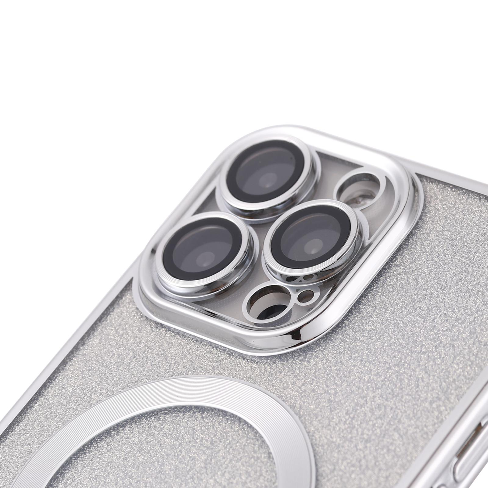 iPhone 13 Pro MagSafe Gummi Case Hülle mit Acryl Kameraglasschutz im Glitzer Design - Silber / Transparent