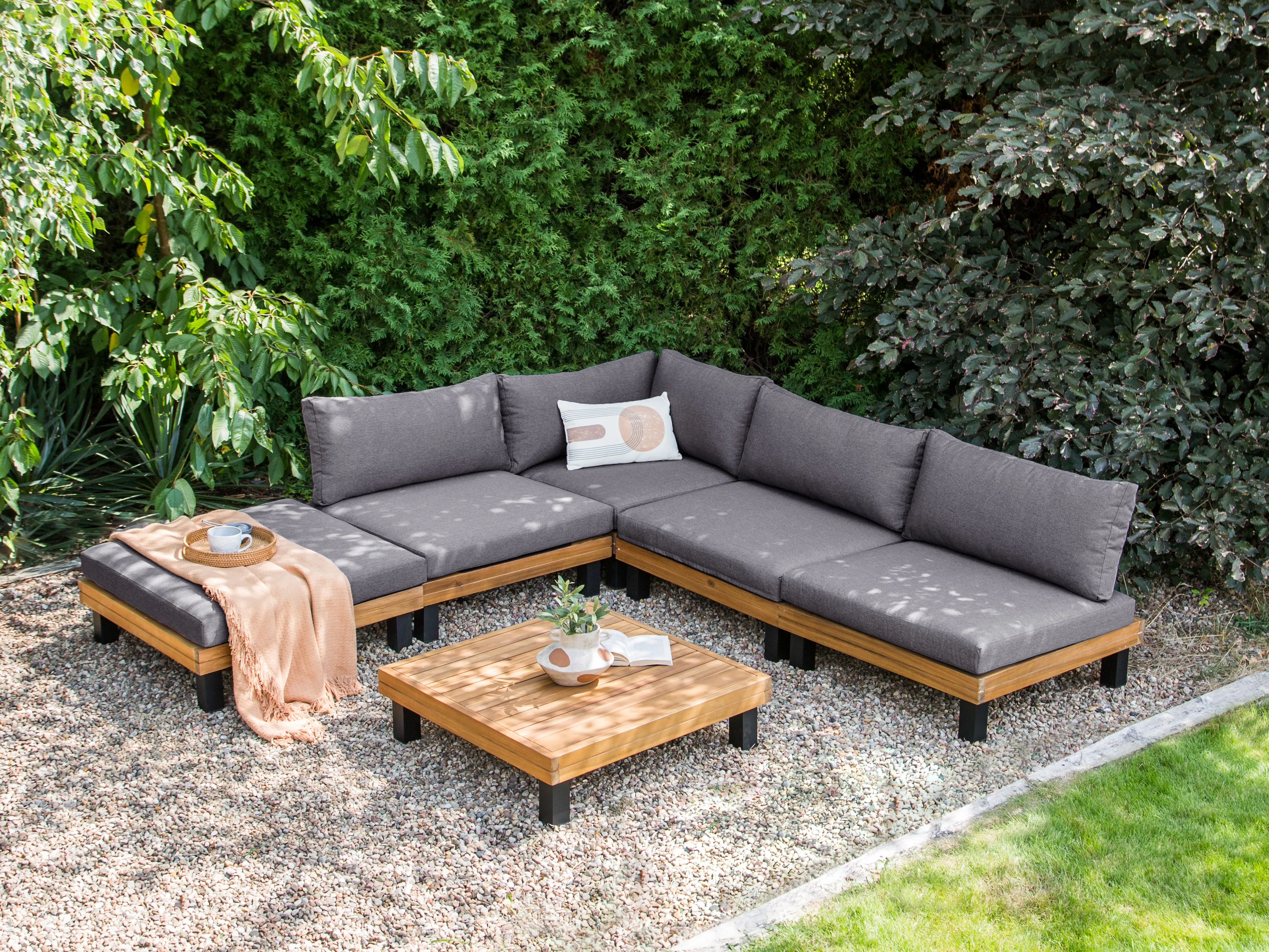 Tuin hoekloungeset met tafel 5-zits FRAZZANO modulair Gecertificeerd acaciahout Grijs
