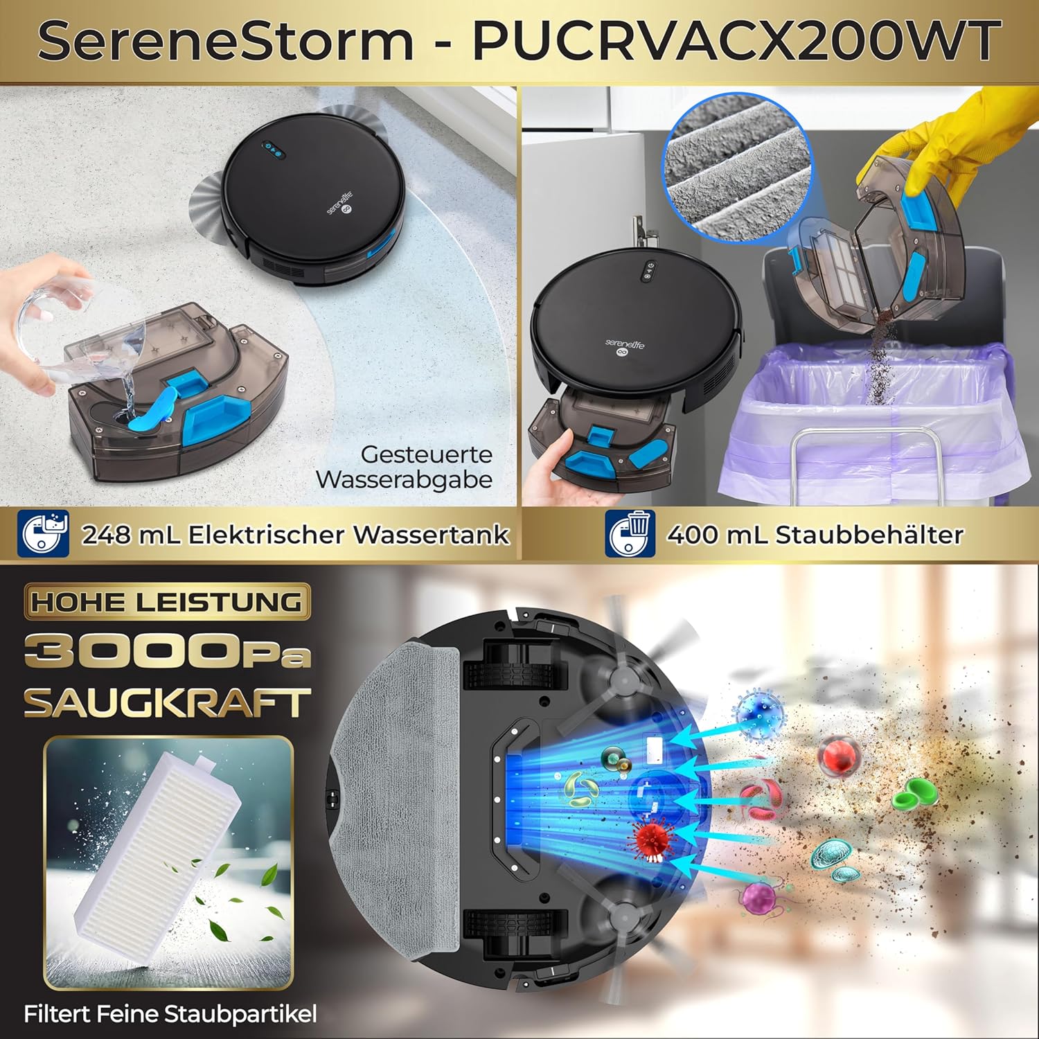 SereneLife Saug Wischroboter mit Selbstreinigung, 3000pa- Saugwischer Roboter, Saugroboter mit APP Steuerung & Selbstaufladend, 4 Reinigungsmodi, Staubsauger Roboter für Tierhaare, Weiche/Harte Böden