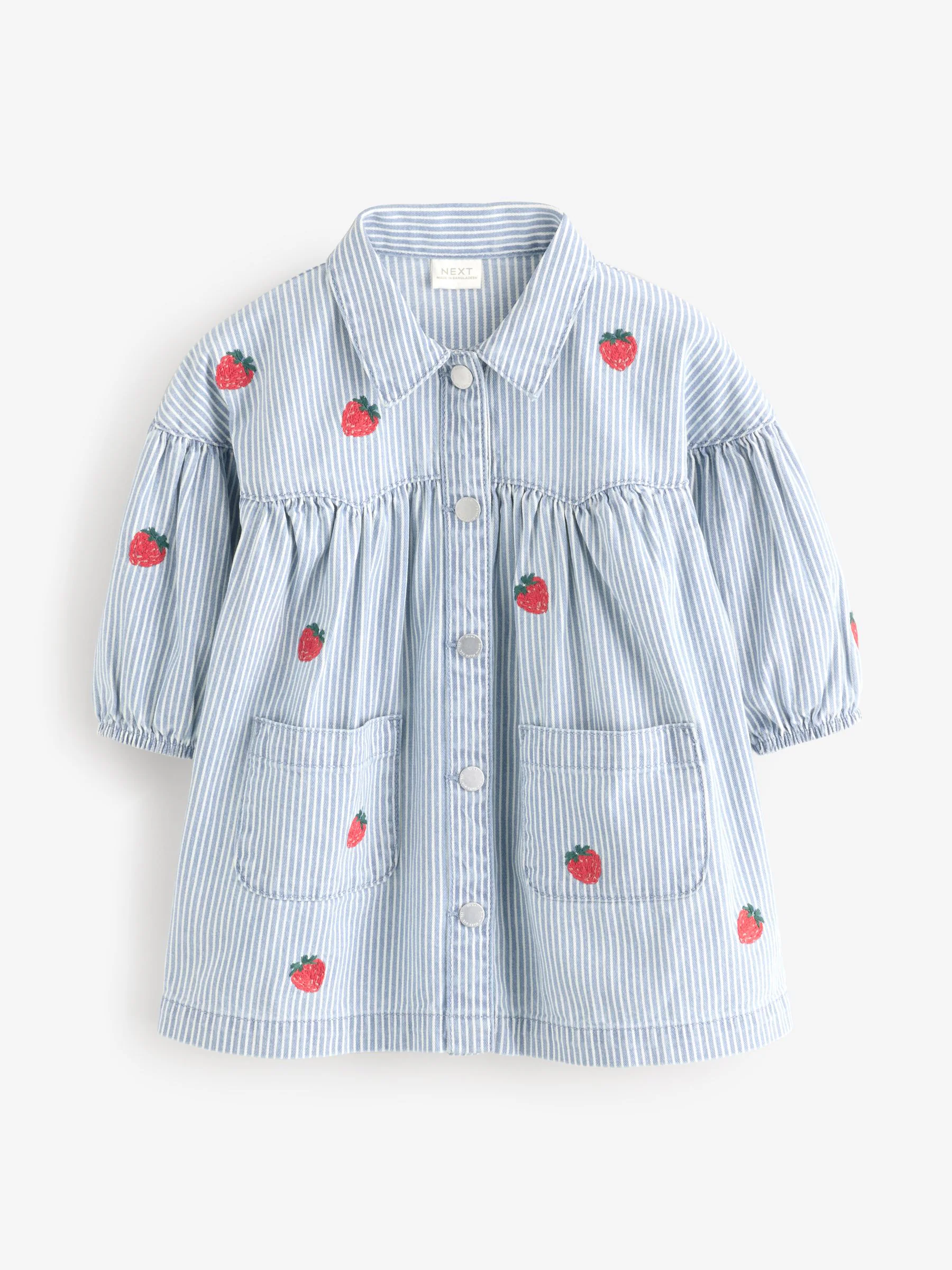 Blauw gestreept met aardbei - Geborduurde denim overhemdjurk (3 mnd - 8 jr)