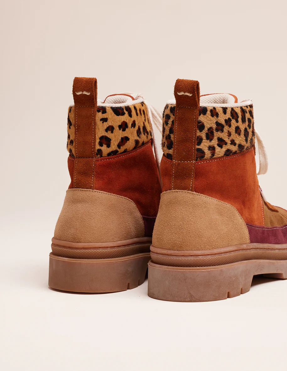 Bottines à lacets Joelle - Suède et pony cognac ambre marron