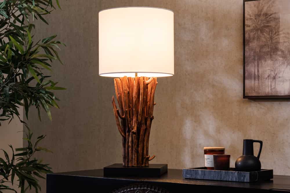 Design Tischlampe EUPHORIA 60cm natur weiß rund Massivholz handgearbeitet