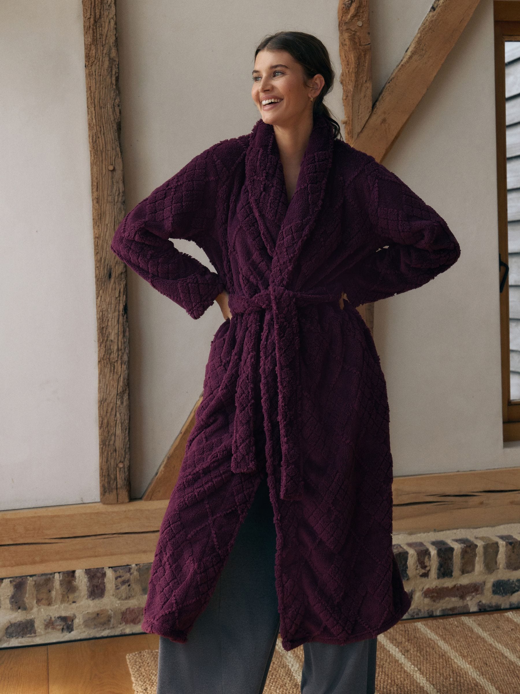 Bordeauxrood met argylepatroon - Behaaglijke fleece badjas