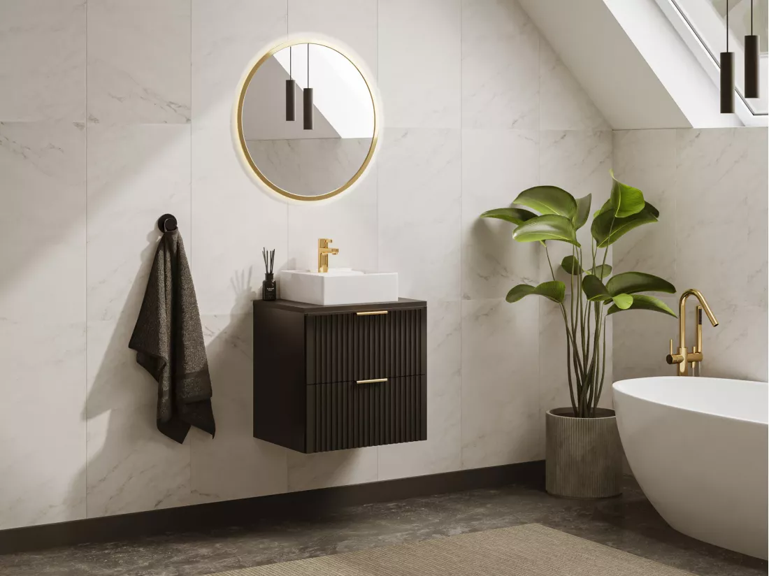 Meuble sous vasque suspendu strié - Noir - L60 cm - ZEVARA