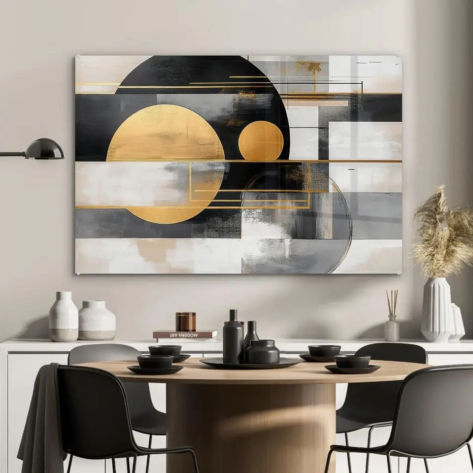 MuchoWow Glasschilderij 90x60cm Abstract Goud Zilver Vormen