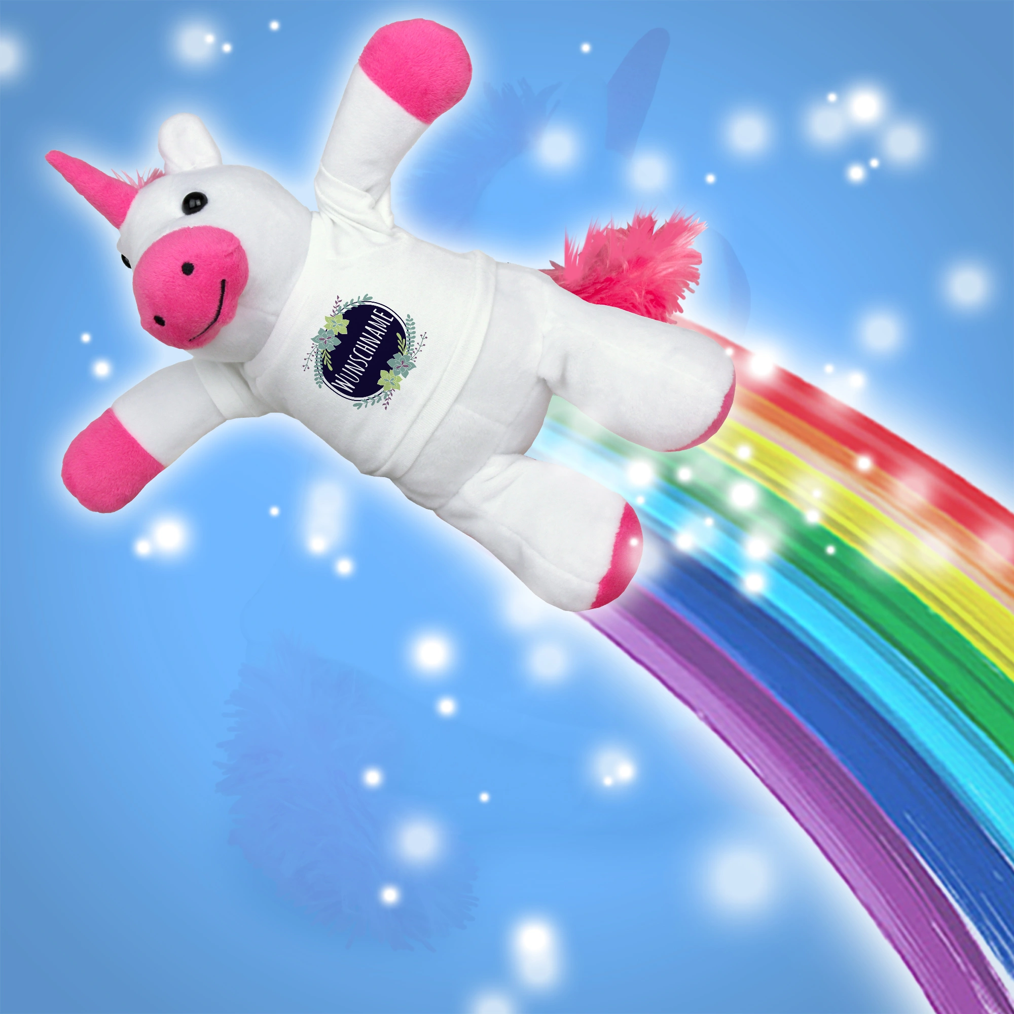 Kuscheltier Einhorn mit Namen (Motiv: Blumen)
