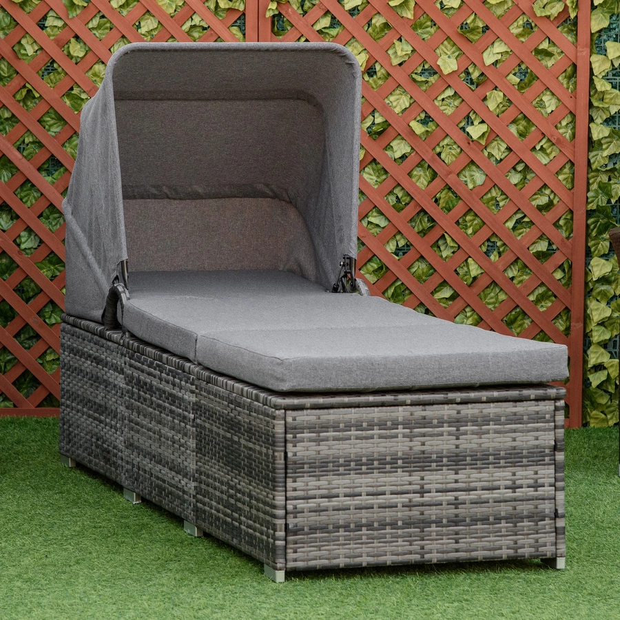 Outsunny Rattan Liege mit Sonnendach grau