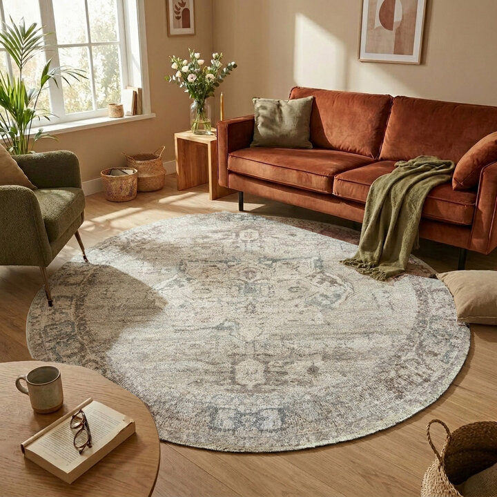 Rond vintage vloerkleed - Kyra Medaillon Taupe | Duurzaam design