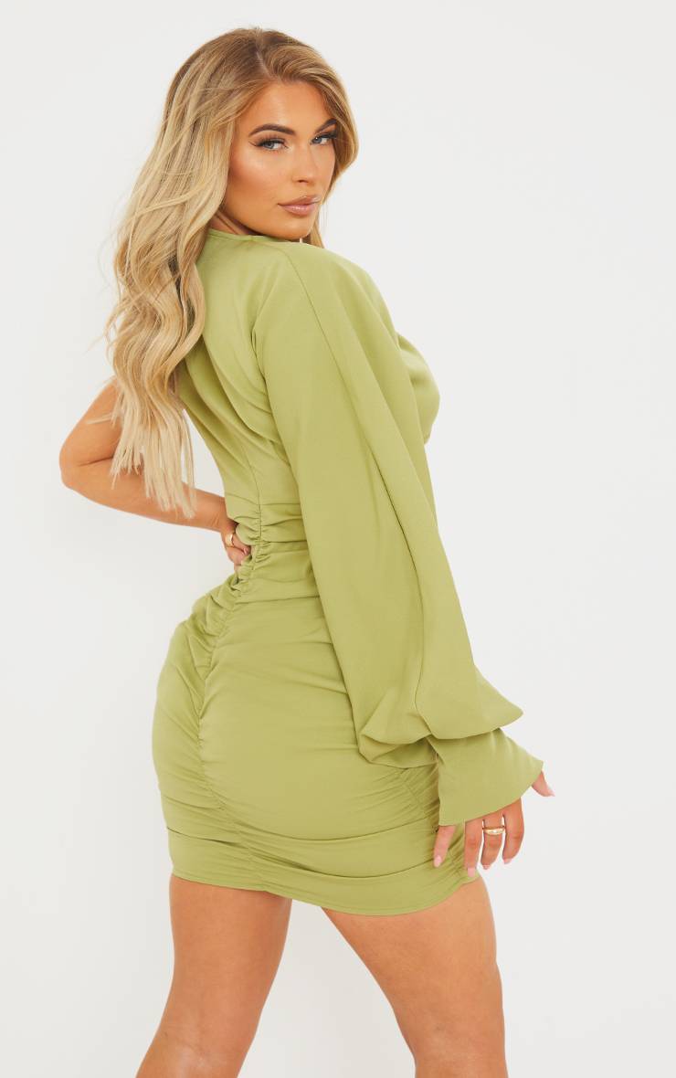 Vert Sauge Robe Moulante Tissée Froncée À Une Manche