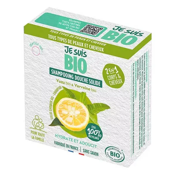 Sou um shampoo sólido orgânico com gel de banho e aroma de yuzu e verbena, 110g.