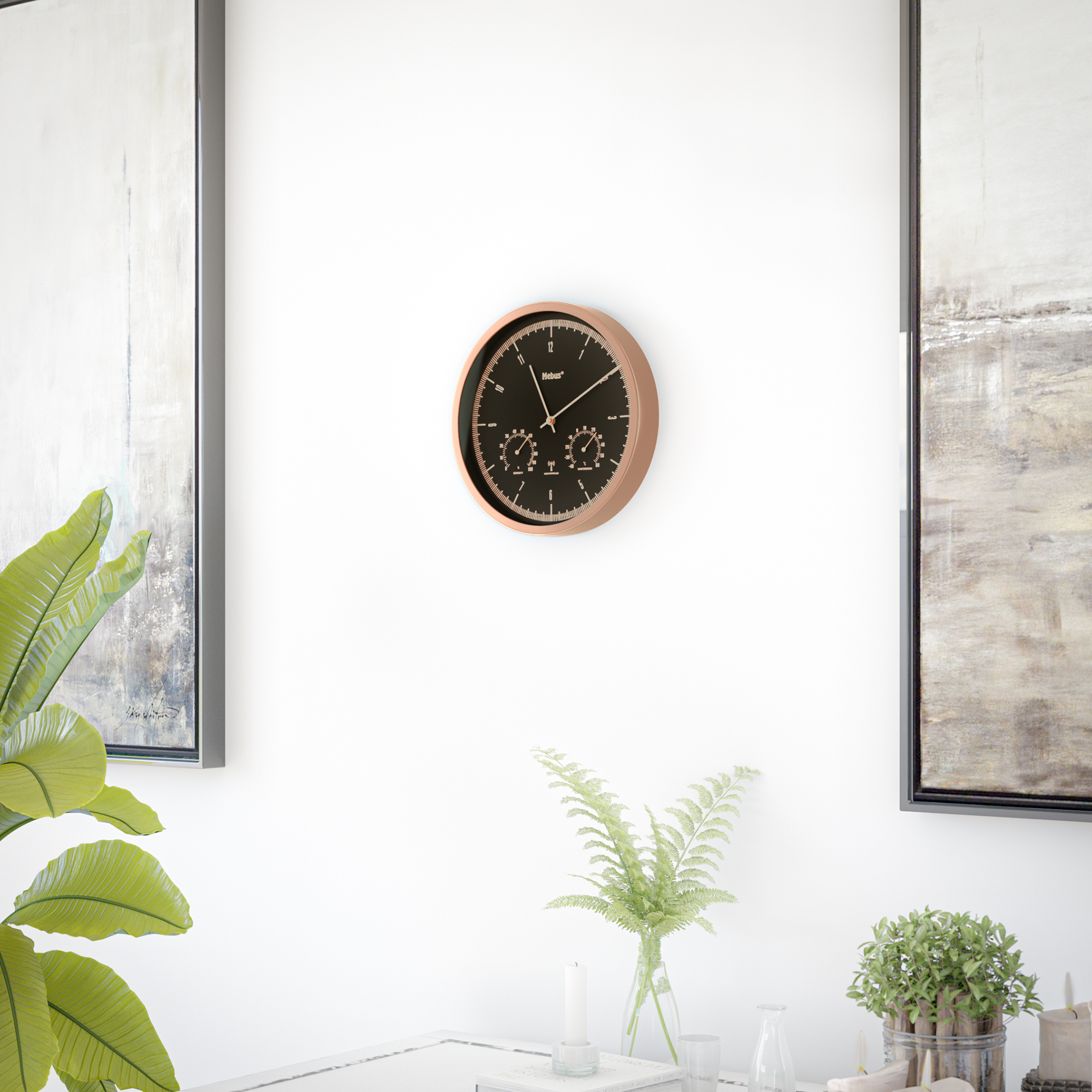 MEBUS Funk-Wanduhr - roségold-schwarz - Thermo-/Hygrometer - Ø 25 cm