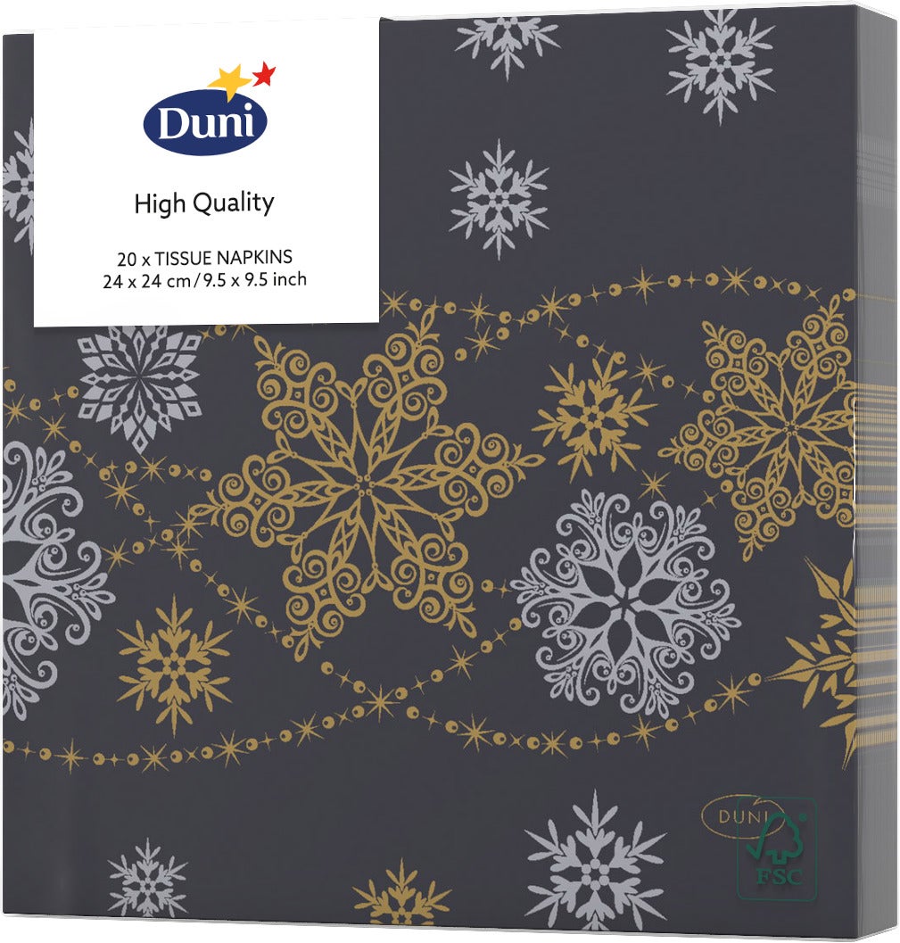 Duni servetten Snow Glitter zwart 24 x 24 cm 20 stuks