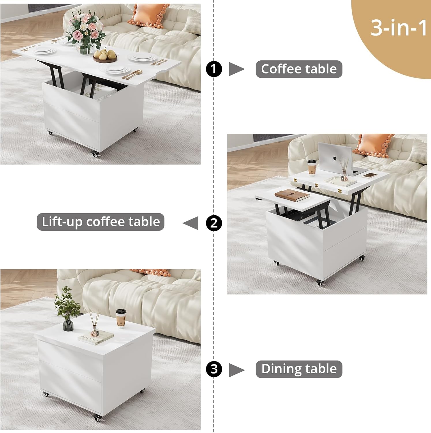 VOWNER Couchtisch Höhenverstellbar, 3-in-1-Multifunktions-Couchtisch Umwandelbar in Wohnzimmer-Esstisch, Couchtisch mit Verstecktem Stauraum, 120L x 60W x 68H cm (Weiß)