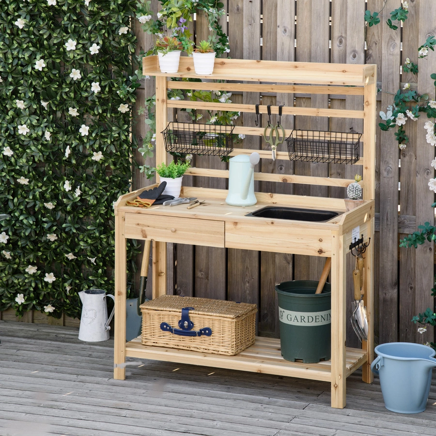 Outsunny Pflanztisch mit waschbecken natur
