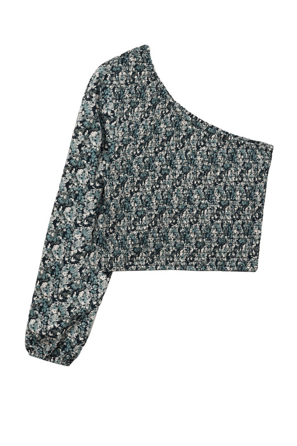 MANGO TEEN gebloemde one shoulder top blauw/zwart