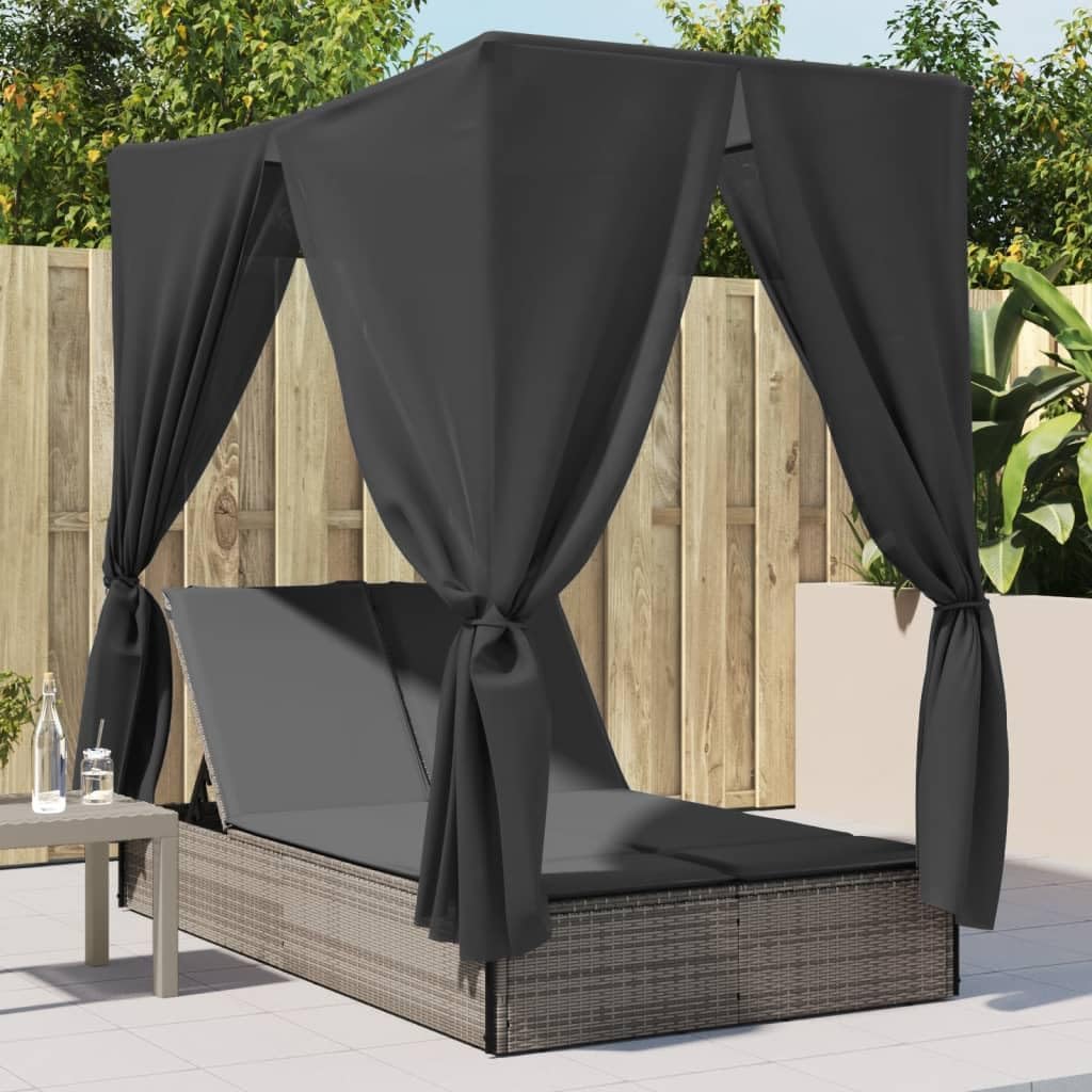 vidaXL Sonnenliege, Doppelliege mit Dach Vorhängen, Gartenliege Verstellbare Rückenlehne, Relaxliege Liege Gartenmöbel, Grau Poly Rattan