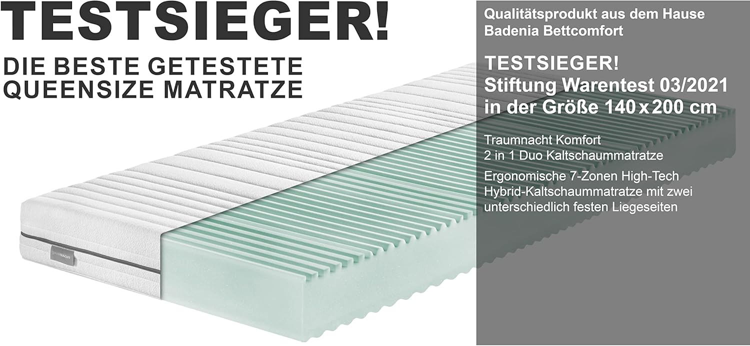 Traumnacht Komfort 7-Zonen 2 in 1 Duo Kaltschaummatratze, Testsieger Stiftung Warentest 03/2021, Öko-Tex zertifiziert, 140 x 200 cm, entwickelt in Deutschland