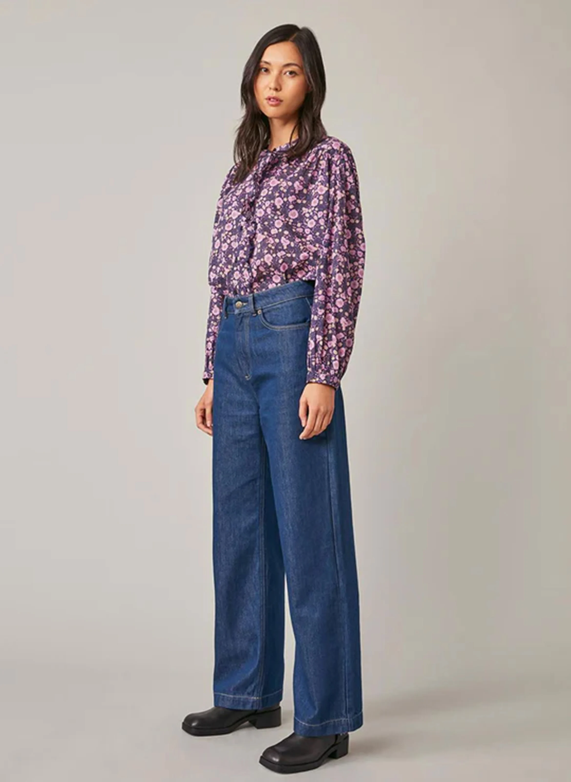 FELIX - Jean flare taille haute en coton mélangé | Bleu