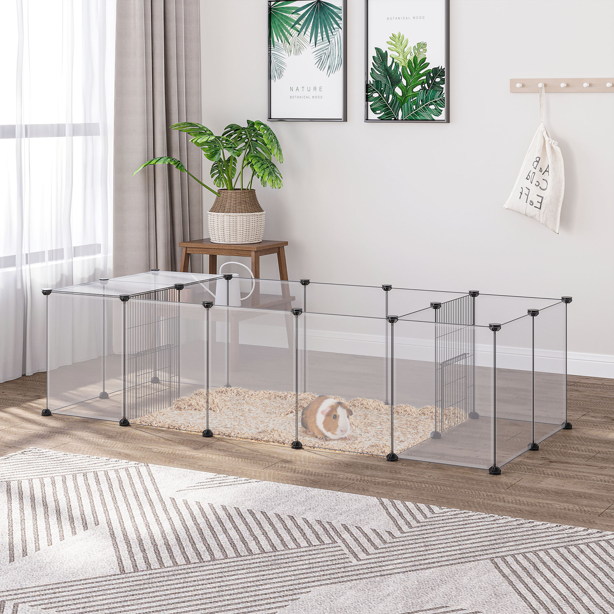 Cercado modular para animais de estimação Pawhut DIY com 20 painéis de resina, ideal para pequenos animais, como porquinhos-da-índia, coelhos e chinchilas, 175x70x45 cm, branco.