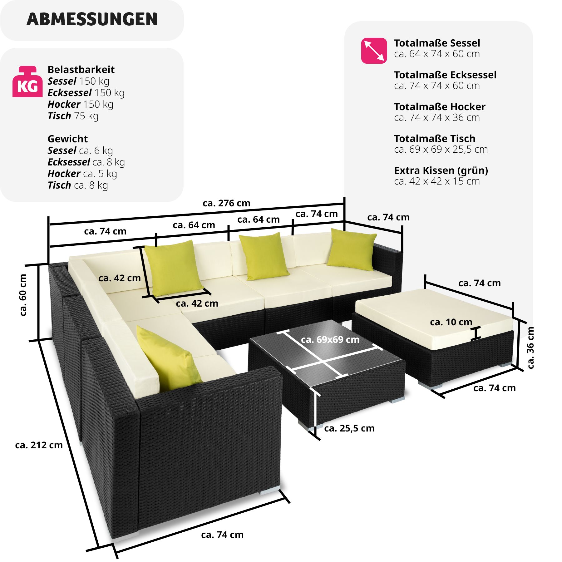 tectake® Rattan Lounge, mit Aluminiumgestell, wetterfest und UV-beständig, mit Sicherheitsglasplatte