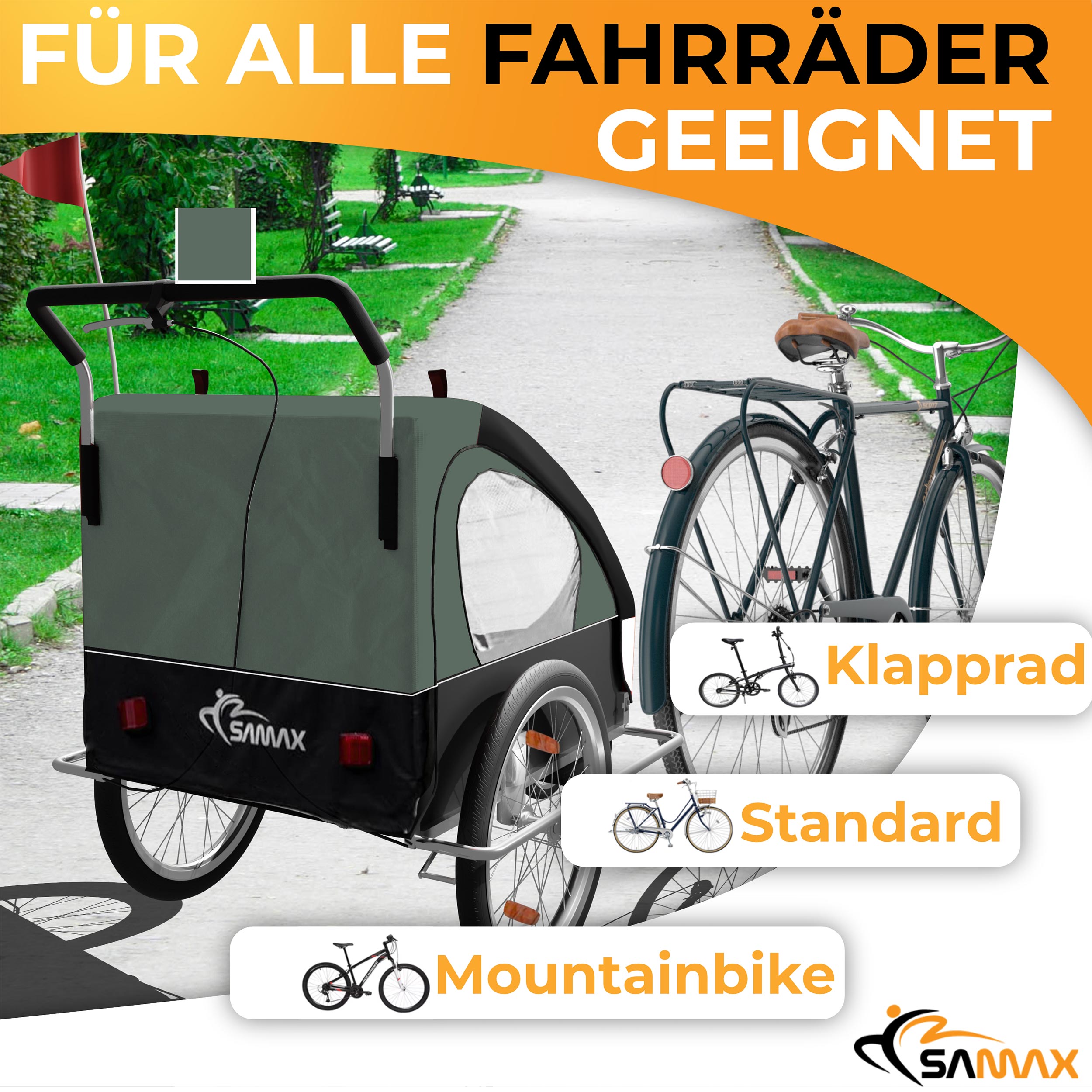 SAMAX Fahrradanhänger 2in1 Jogger - in Dunkelgrün/Schwarz - Silver Frame