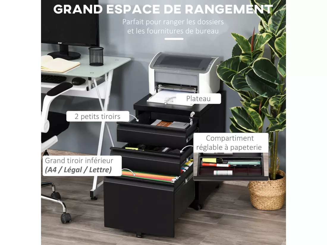 HOMCOM Caisson de Bureau Rangement Bureau sur Roulettes 3 Tiroirs Verrouillables 39l x 48P x 60H cm noir