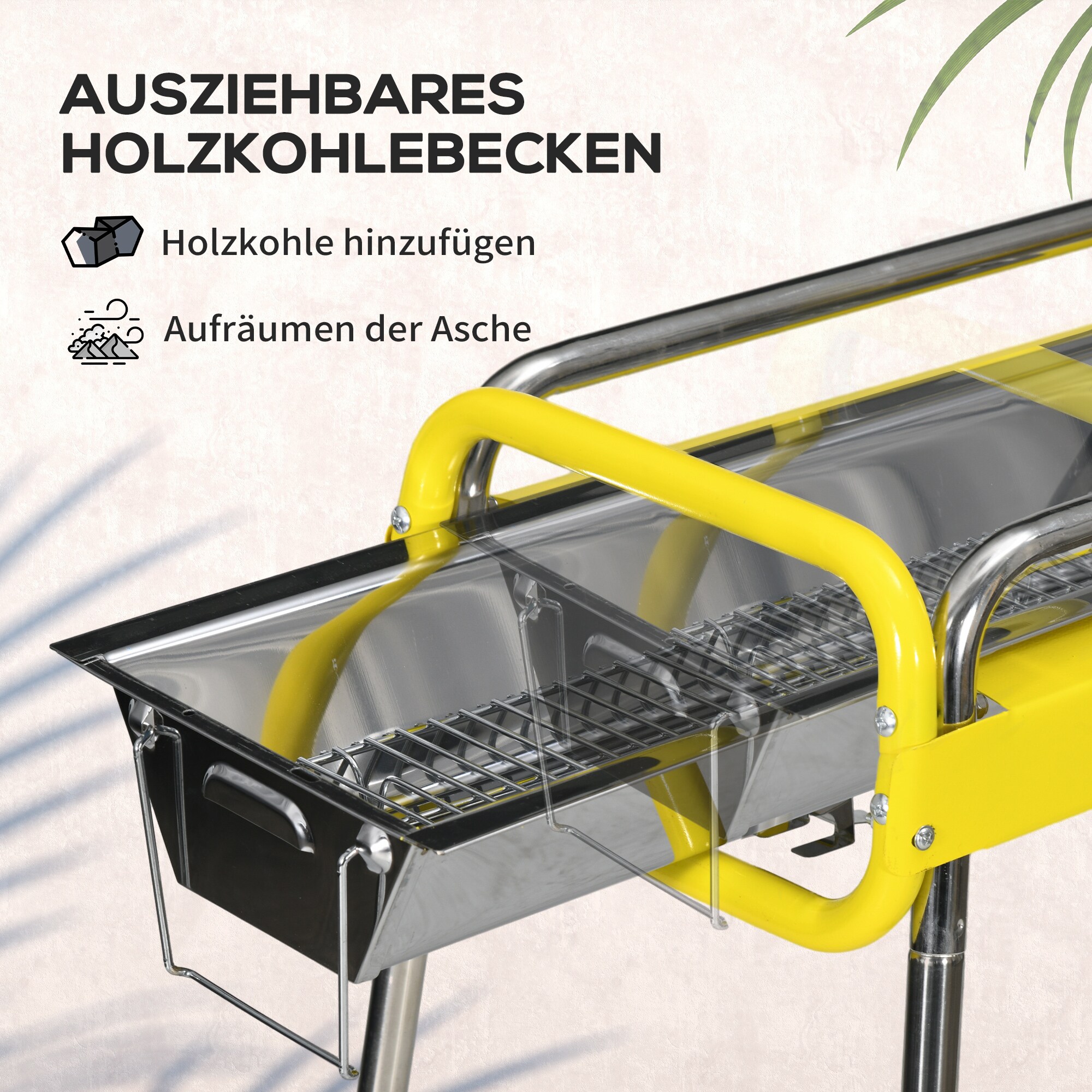 Outsunny Holzkohlgrill mit anpassbaren Füßen, 2 Grillroste, eine Grillplatte und Tragetasche gelb 85L x 43B x 72H cm