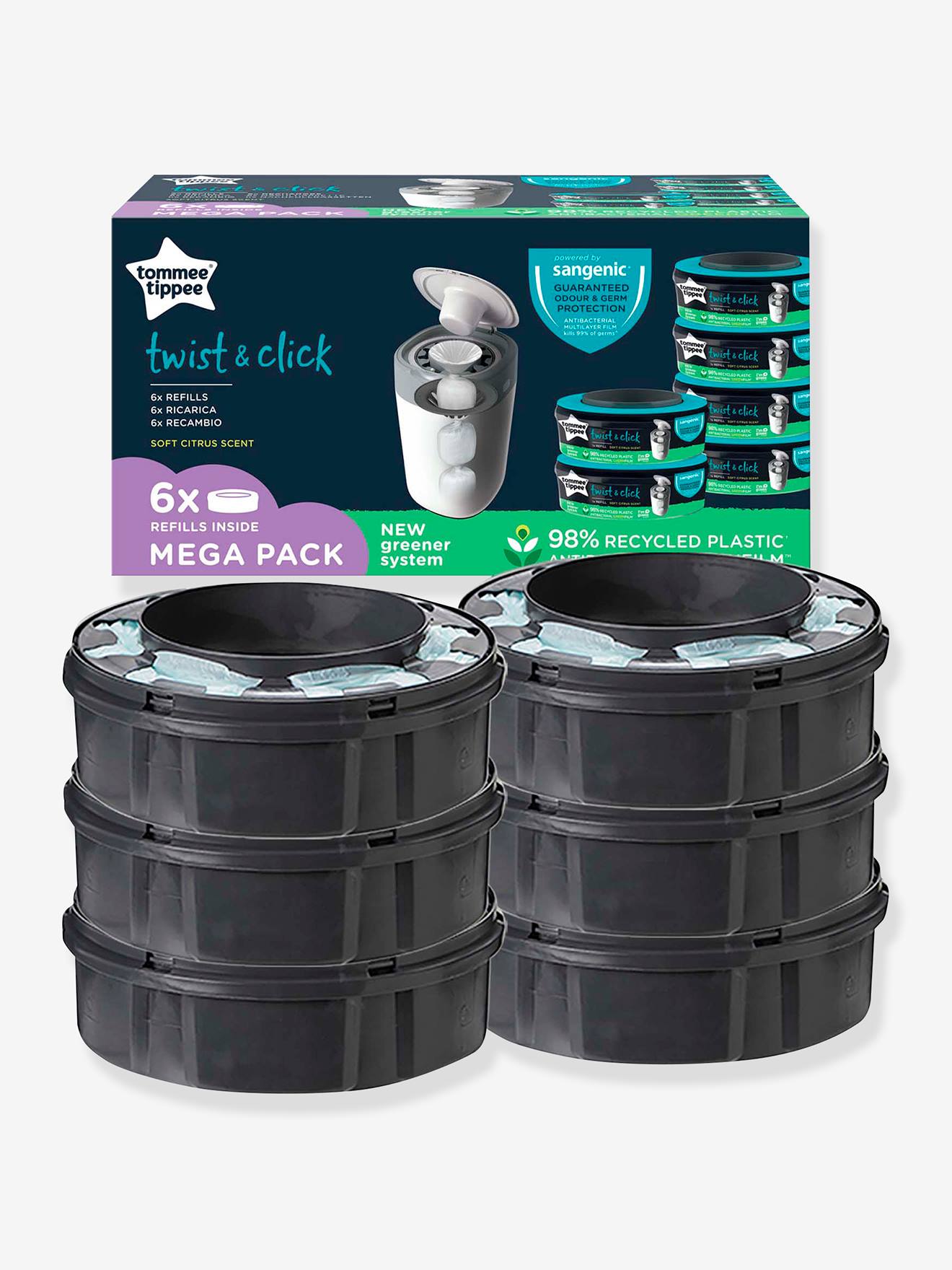 Pacote com 6 refis para os cestos de fraldas Tec e Twist & Click da TOMMEE TIPPEE Sangenic, cor cinza médio liso.