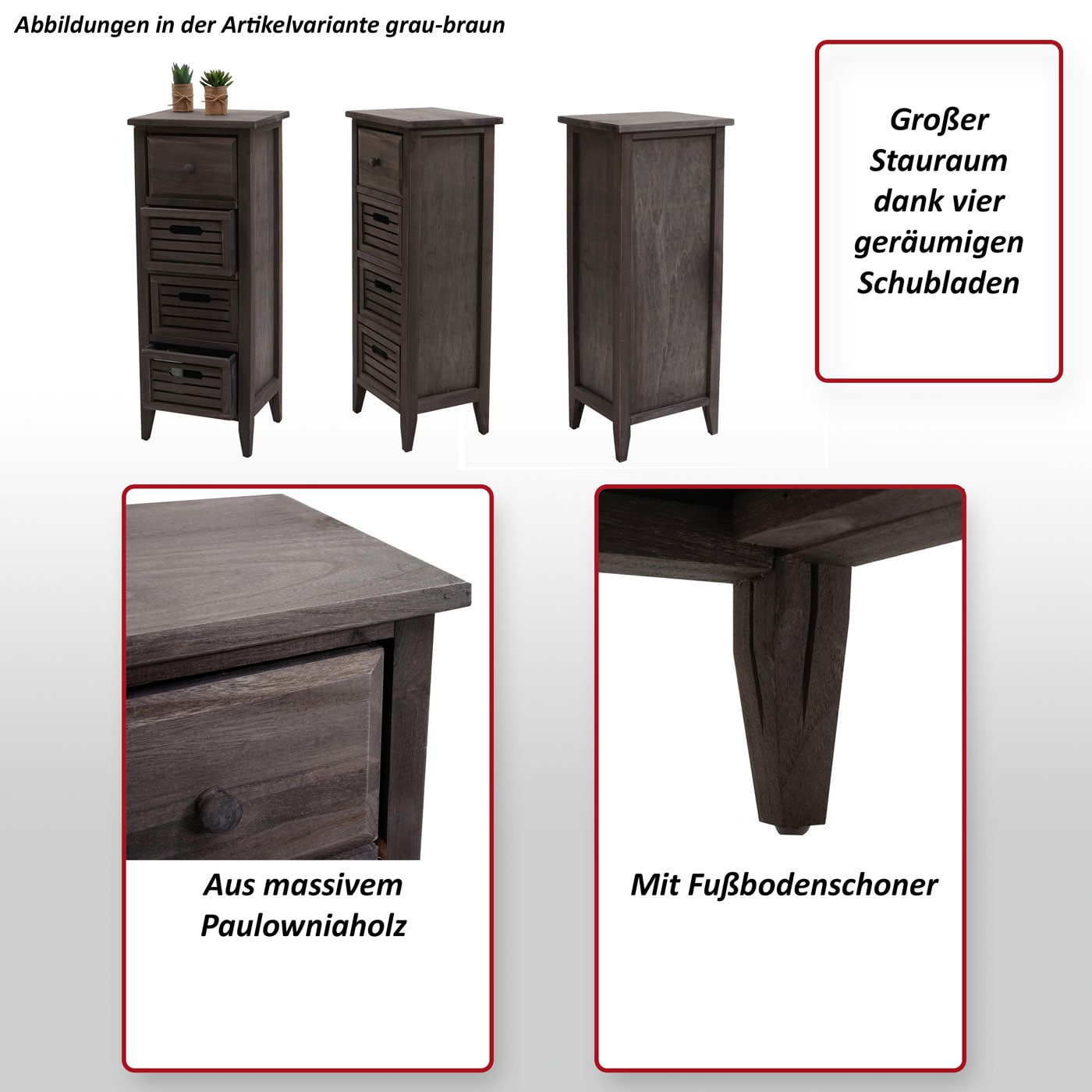 Kommode H18, Schubladenschrank Schrank, 4 Schubladen, 74x30x25cm Shabby-Look Vintage ~ grau