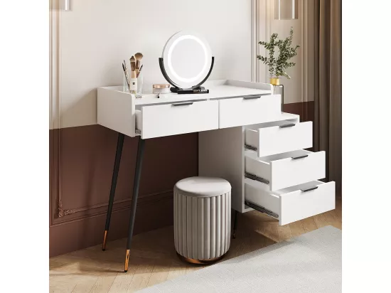 Table de toilette blanche (sans chaise), avec armoires latérales coulissantes, miroir à luminosité réglable, avec 5 tiroirs