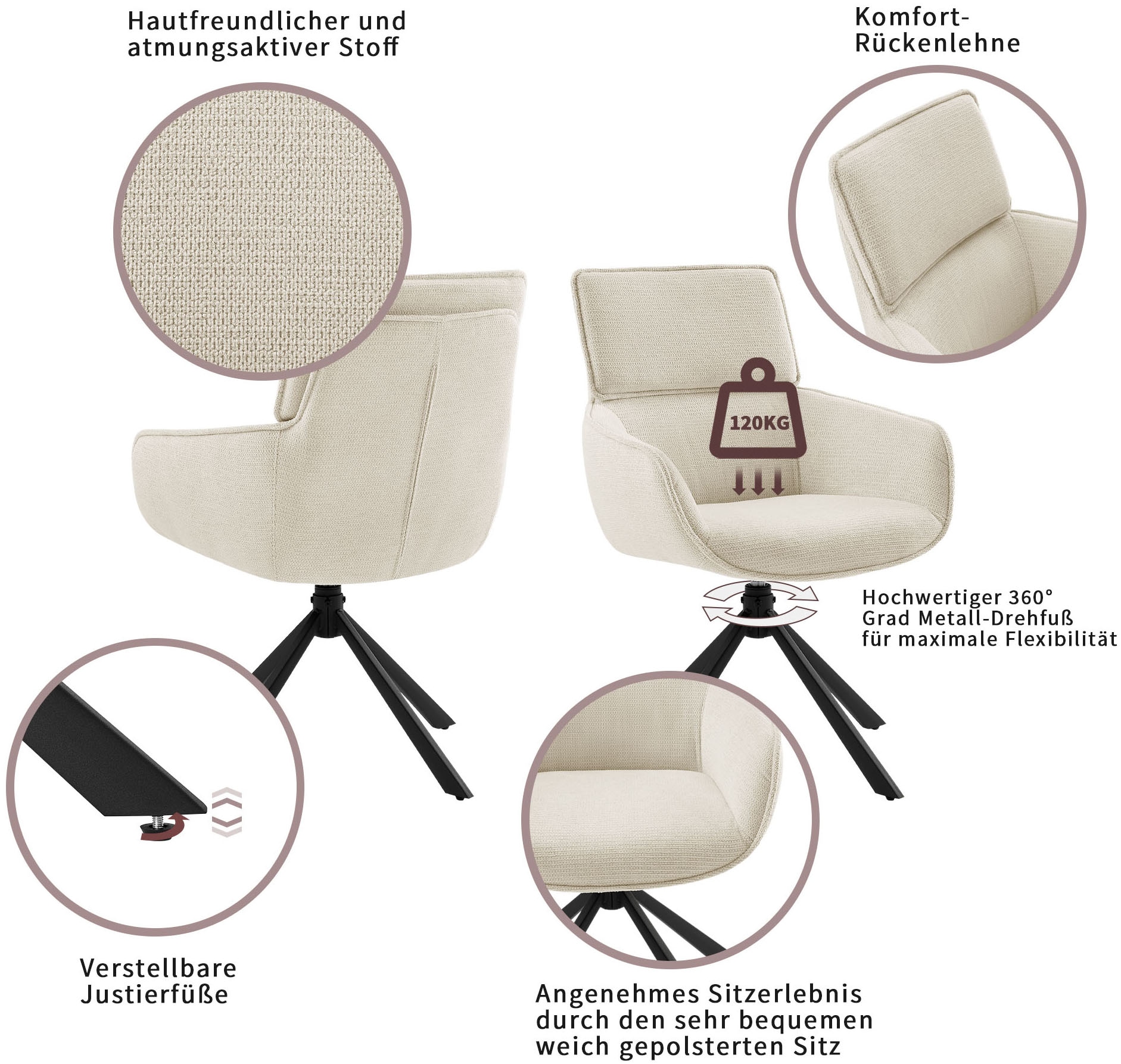 GOODproduct Essgruppe »Cusey, besteht aus einem Esstisch und vier Stühlen« Set, Stühle drehbar, Esstisch 160 cm, 4 cm starke Tischplatte, 5 Stk. tlg. kratzfester Tisch in Holzoptik, drehbare Stühlen, atmungsaktivem Stoff