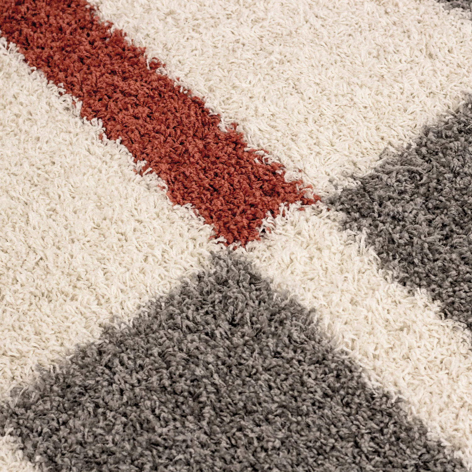 Designer Hochflor Teppich mit Karo- und Linienmuster, Flauschiger Langflor