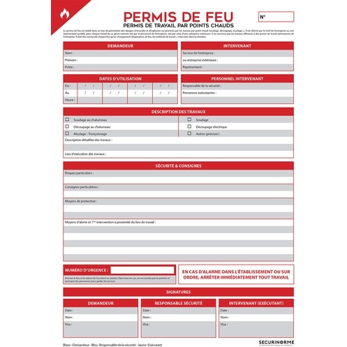 Carnet permis de feu – 50 liasses autocopiantes – 3 feuillets
