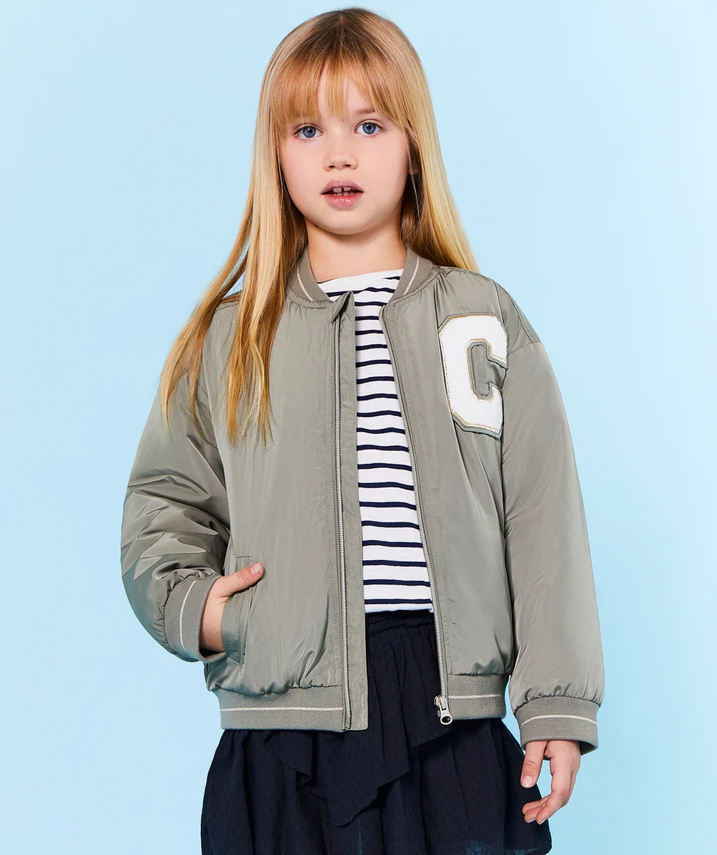 BOMBERS FILLE SATINÉ EN REMBOURRAGE RECYCLÉ KAKI ET PATCH EN BOUCLETTE