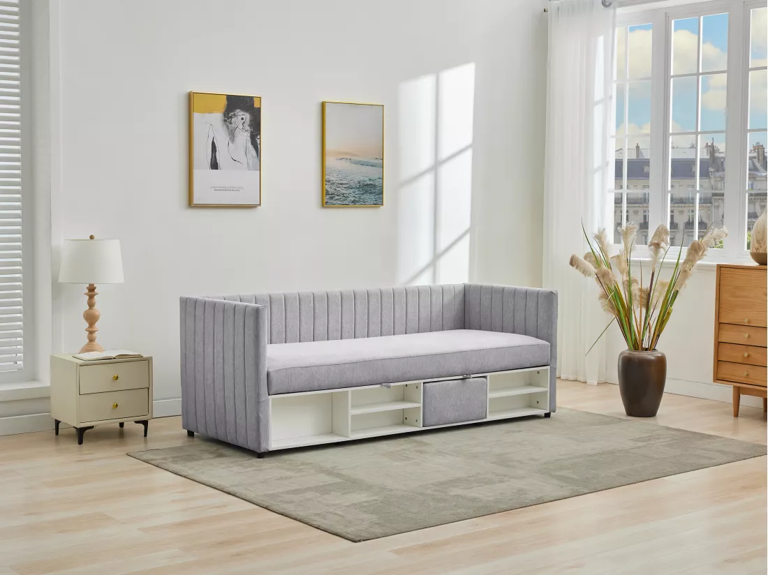 Lit coffre banquette 80 x 200 cm - Tissu - Gris - LAOZIA