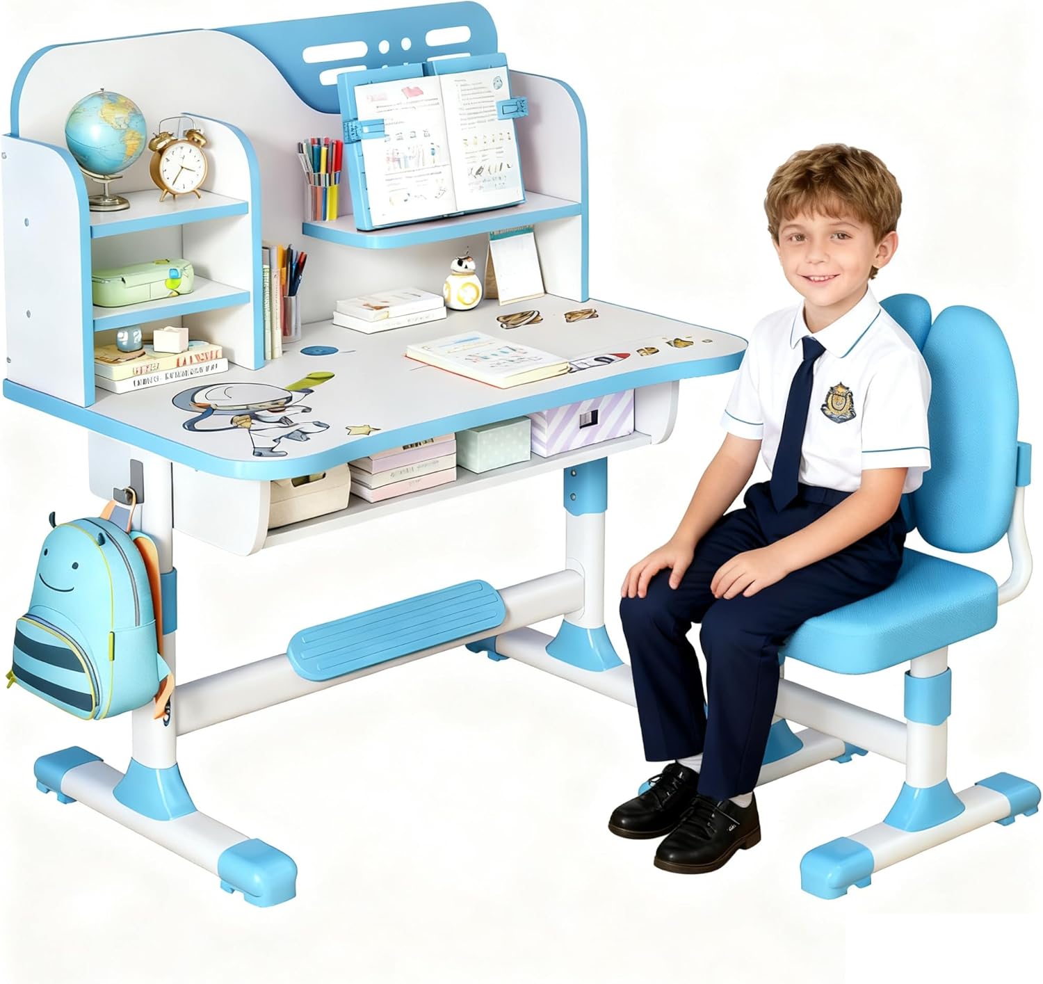 Höhenverstellbarer Kinderschreibtisch und Stuhl Set ab 3 Jahren, Schreibtisch Kinder mit Schublade und Bücherregalen, Kinder Schreibtisch für Hausaufgaben, Malen und Bastelarbeiten (Blau 5)