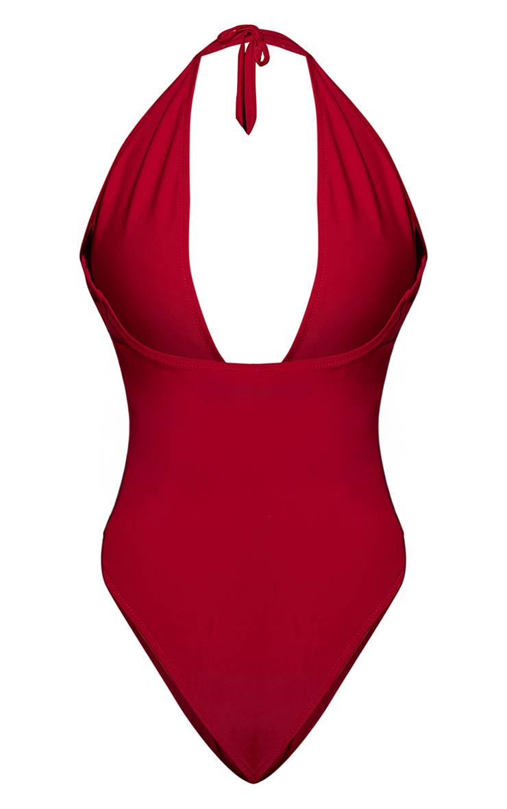 Rouge Bordeaux Maillot De Bain À Rayures Avec Décolleté Plongeant Et Nœud Devant