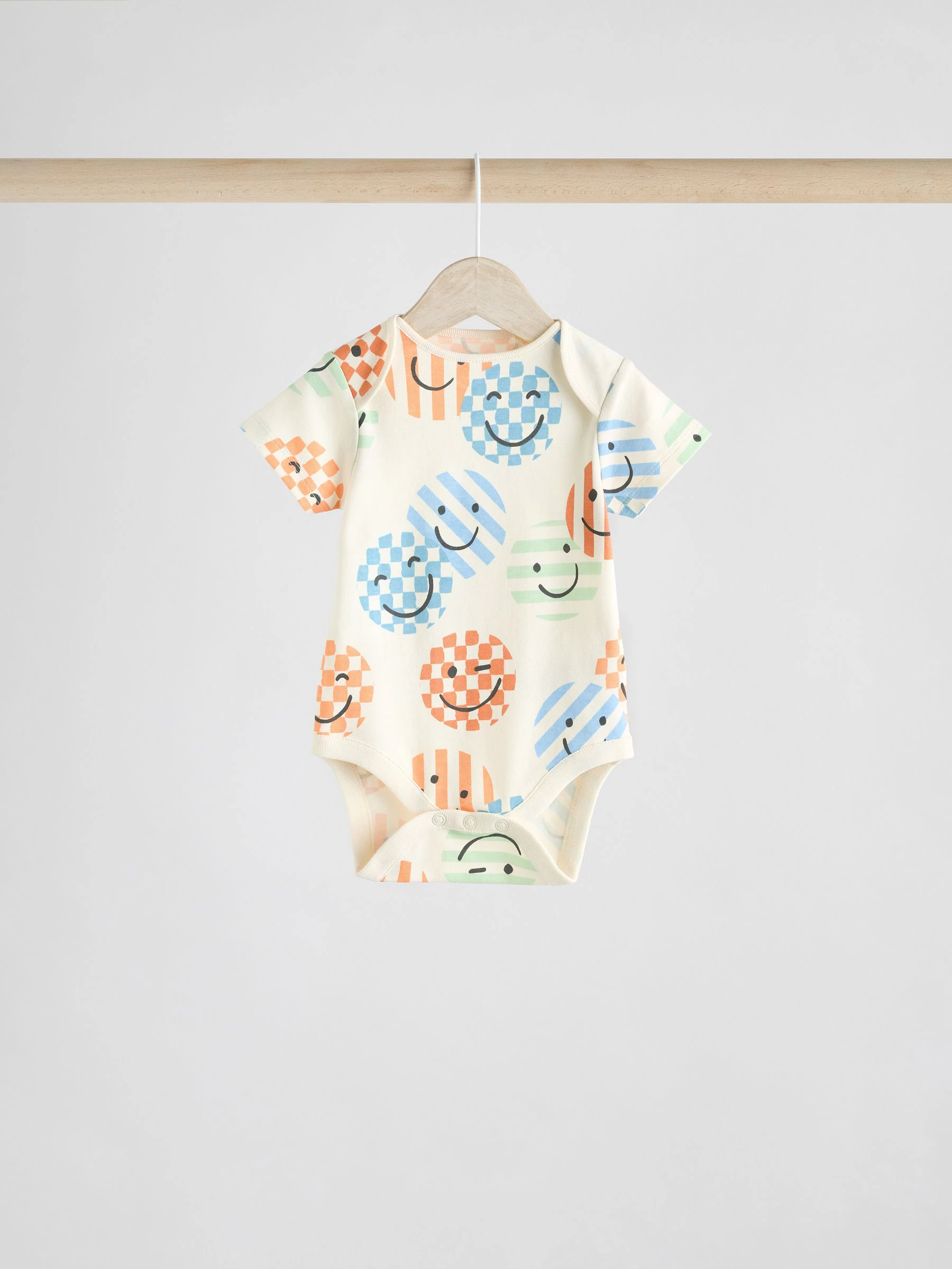 Blauw/wit/oranje vrolijk gezicht - Set van 3 babyrompertjes met korte mouwen