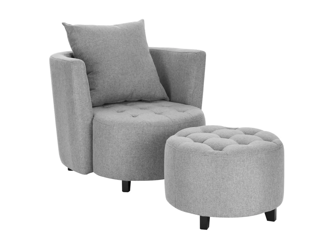 Fauteuil et pouf en tissu gris avec pieds en bois massif NOVA