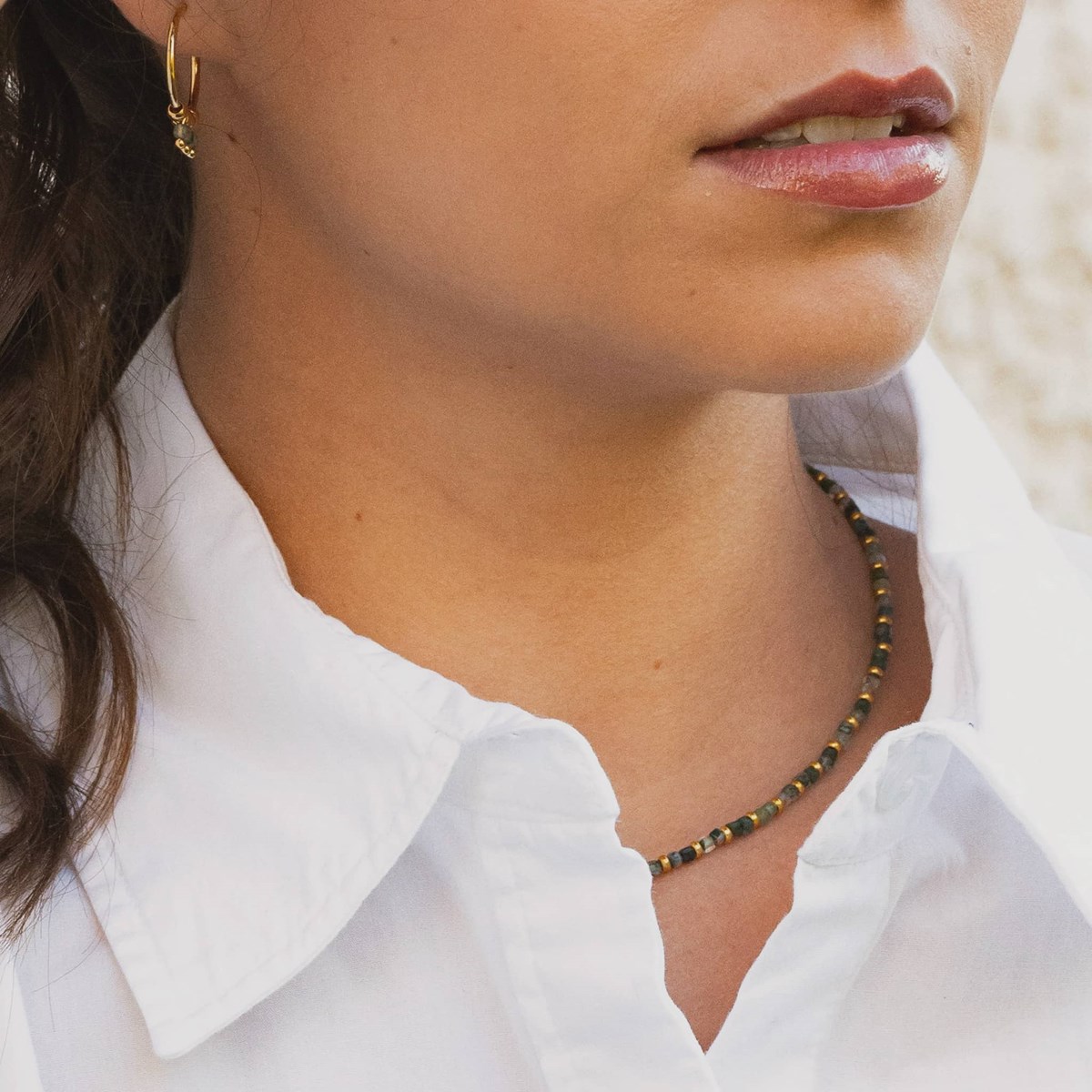 Collier, bracelet et boucles d'oreilles Karia en pierres Agate Mousse