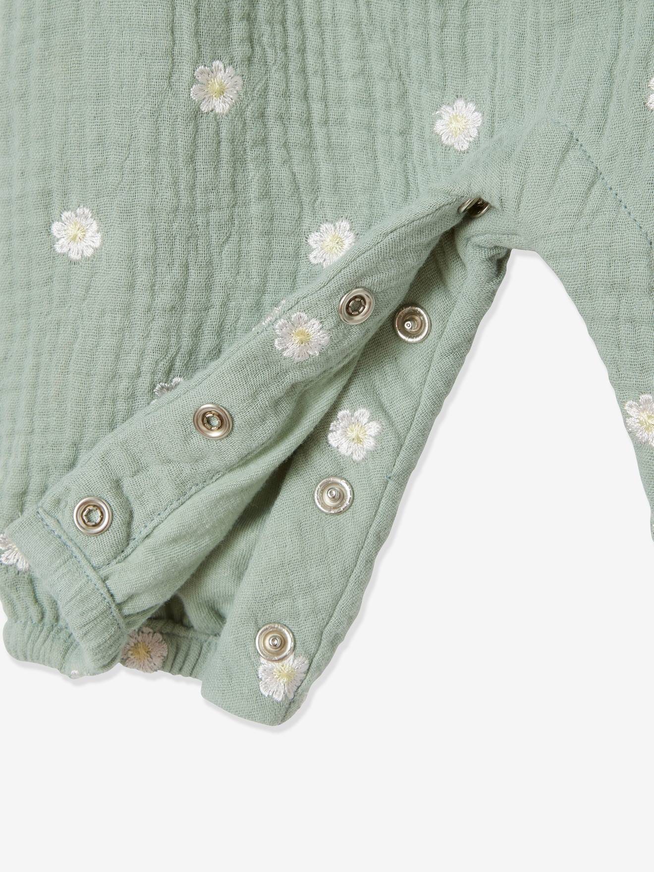 Macacão para recém-nascido bordado em chiffon de algodão cor cacau