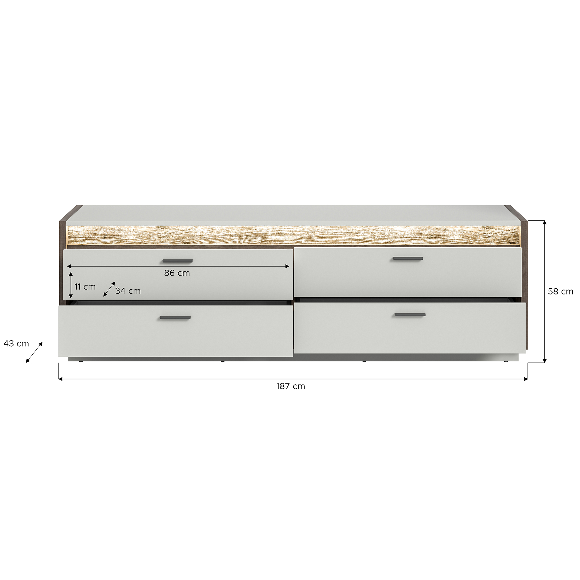 Lowboard FALCONA - hellgrau - Nox Oak - dimmbare Frontbeleuchtung