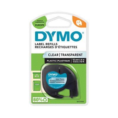 Dymo LetraTAG - Ruban d'étiquettes plastique auto-adhésives - 1 rouleau (12 mm x 4 m) - fond transparent écriture noire