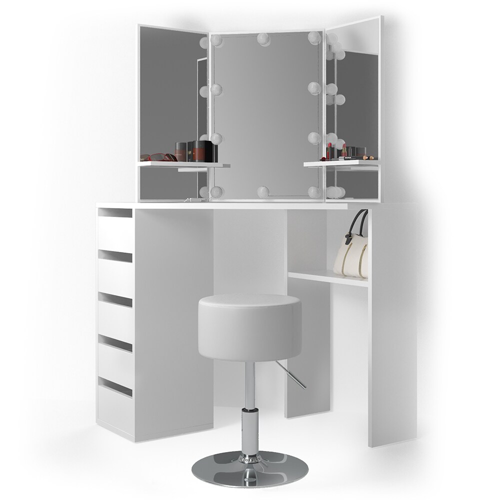 Vicco Eckschminktisch Arielle Kosmetiktisch Frisiertisch Schminktisch Weiß inklusive Sitzhocker und LED-Lichterkette
