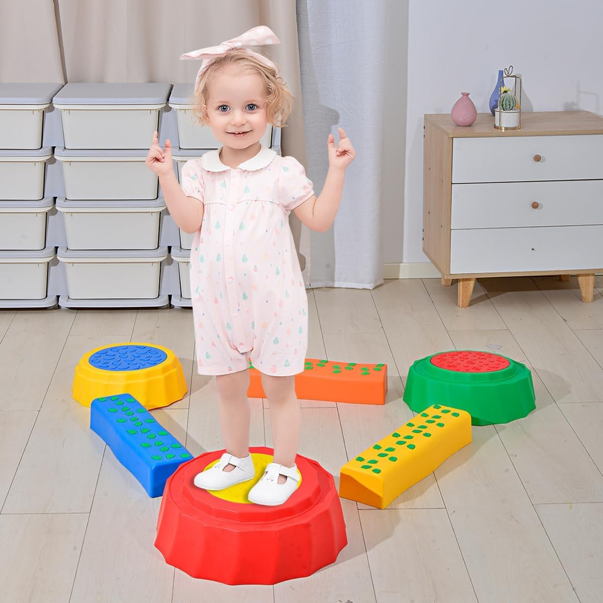 (8-tlg. Set) Anti-Rutsch Kinder Balance Mauer Gleichgewichts Schwebebalken Spiel Flussstein - Bunt