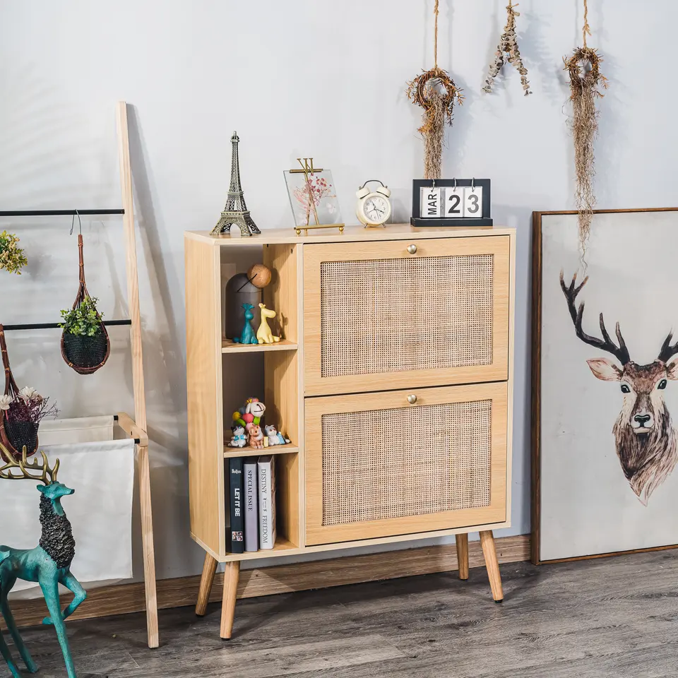 Schoenenkast met 2 laden van hout en rotan