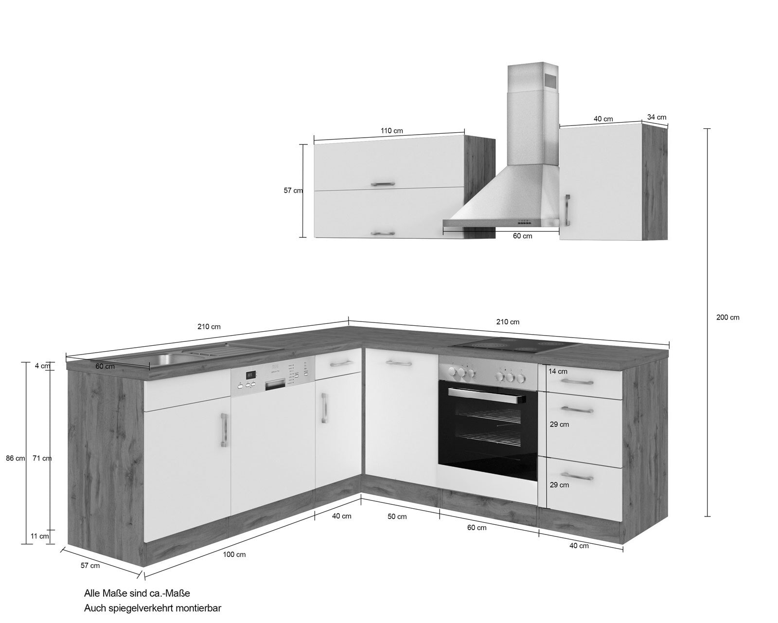 Winkelzeile ODENSE 210 x 210 cm Graphit/ Wotan-Eiche Dekor