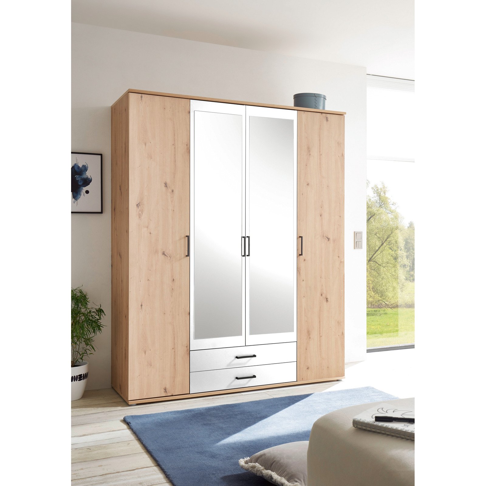 Drehtürenschrank Chicago Melamin Dekor Artisan/Weiss 160 x 97 x 54 cm, mit Spiegel